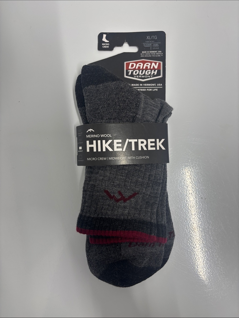 Darn Tough Hike/Trek Merino Wool Micro Crew Socks style 1466 charcoal XL NWT